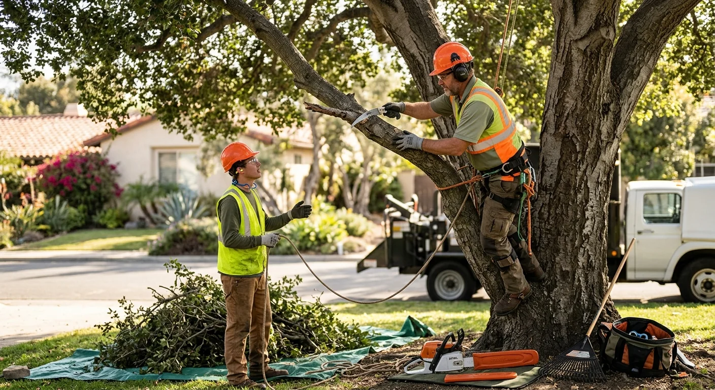 Leaning tree with cracked limbs threatening a Carpinteria home after wind