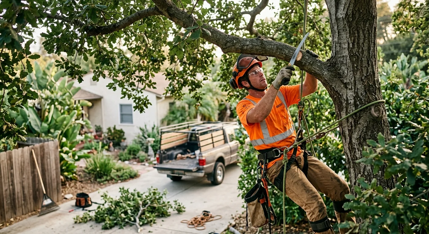 Arborist making a directional pruning cut on a mature oak canopy