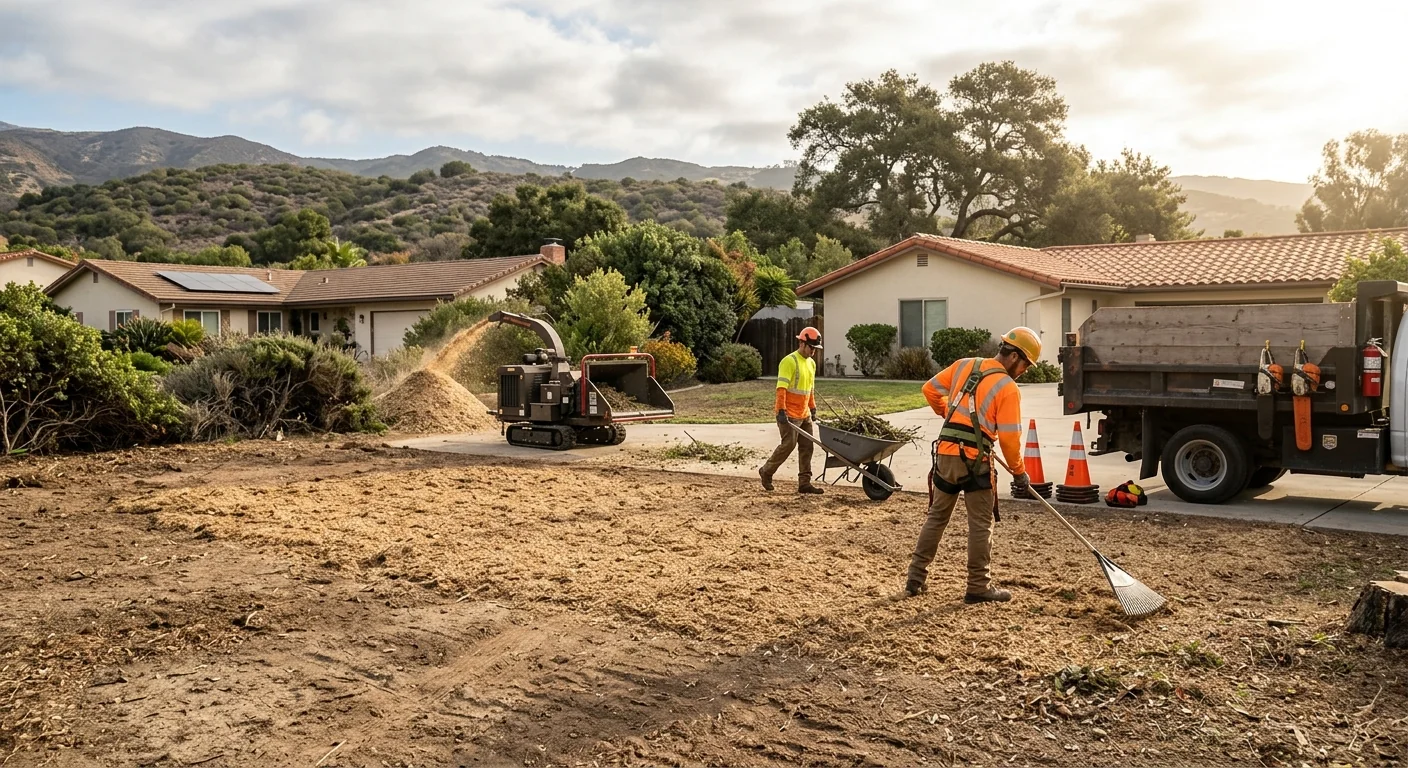 Wide view of a residential Carpinteria yard after full tree removal and cleanup