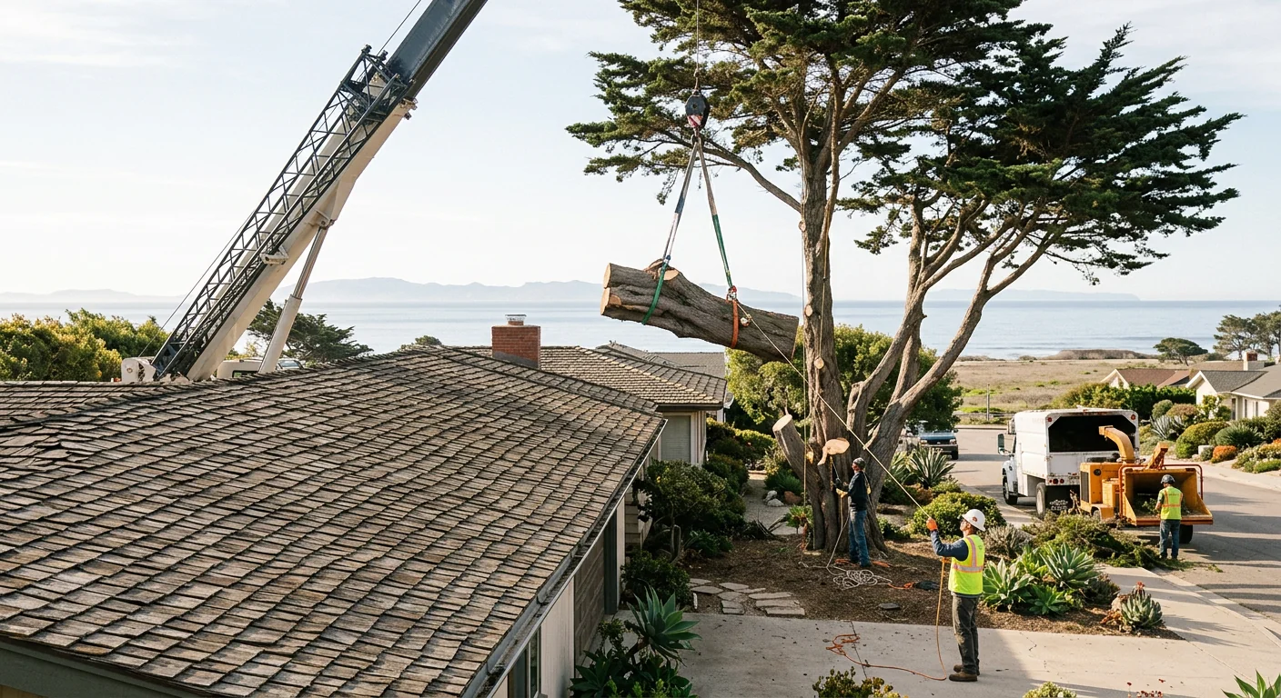 Crane lifting a large sectioned limb over a coastal home rooftop