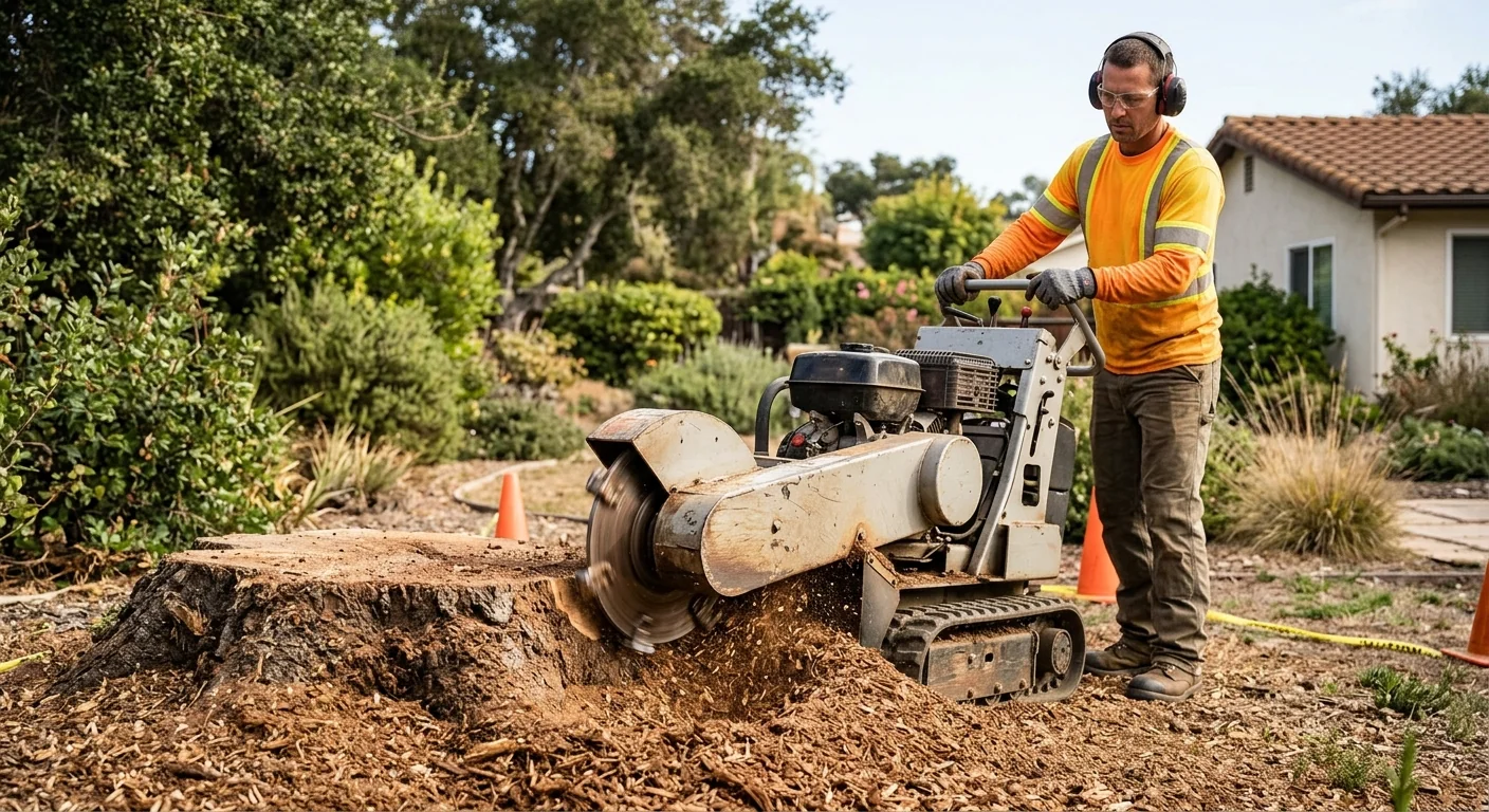 Close-up of a stump grinder reducing a hardwood stump to mulch