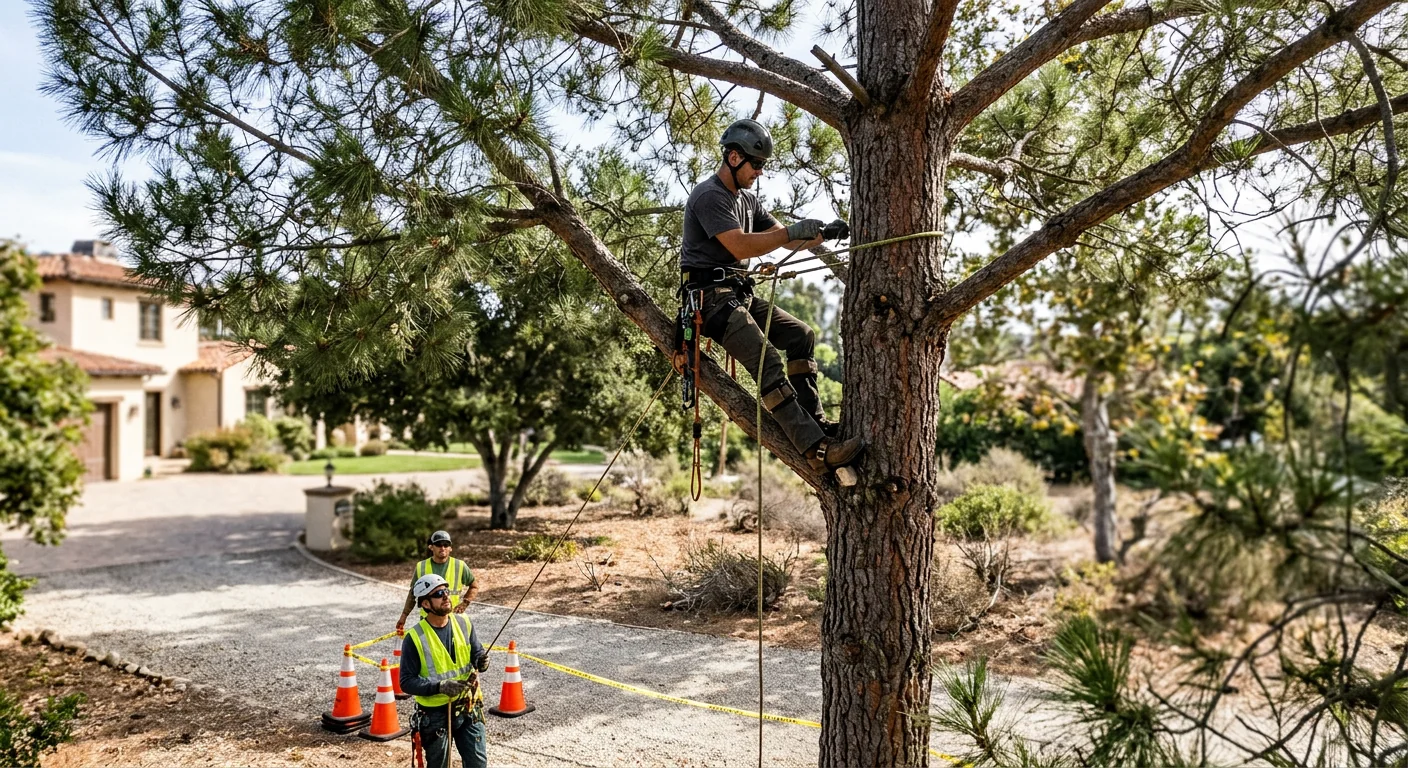 Technician in safety gear rigging a rope high in a tall pine