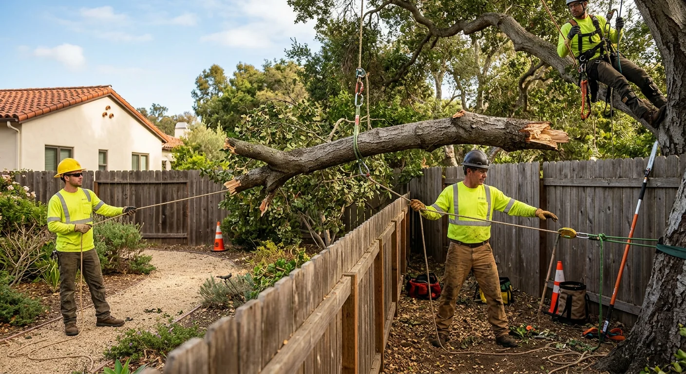 Storm-damaged branch being lowered carefully near a backyard fence line