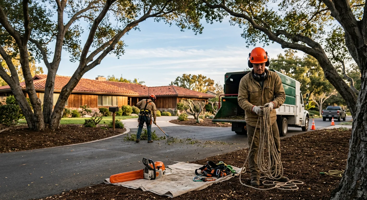 Freshly pruned trees framing a clean residential lot under coastal skies