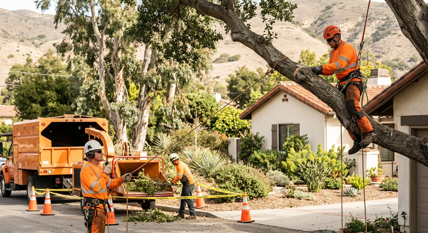 Trained arborist inspecting climbing gear before tree removal work in Carpinteria