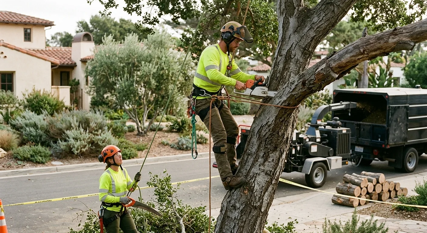 Tree service technicians organizing climbing gear and chainsaws before a Carpinteria job