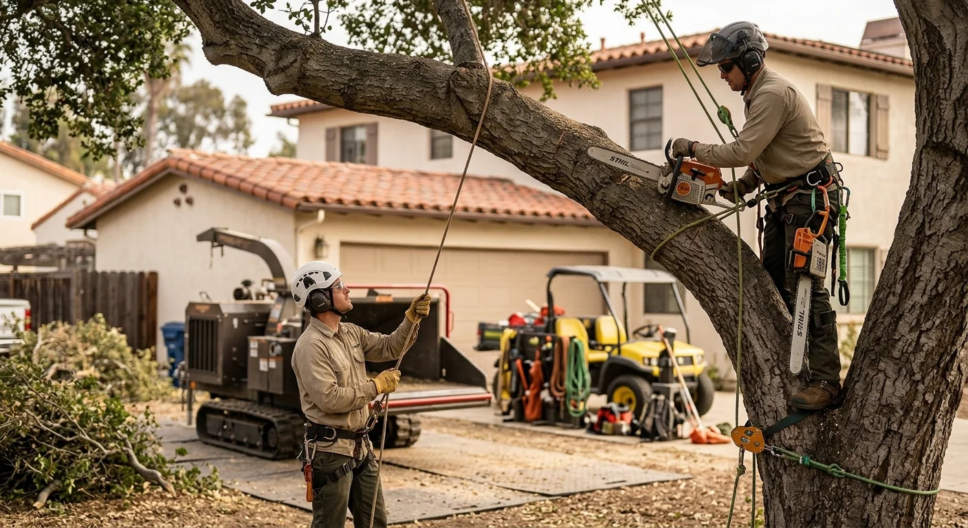 Arborist evaluating a backyard tree canopy before trimming work in Carpinteria