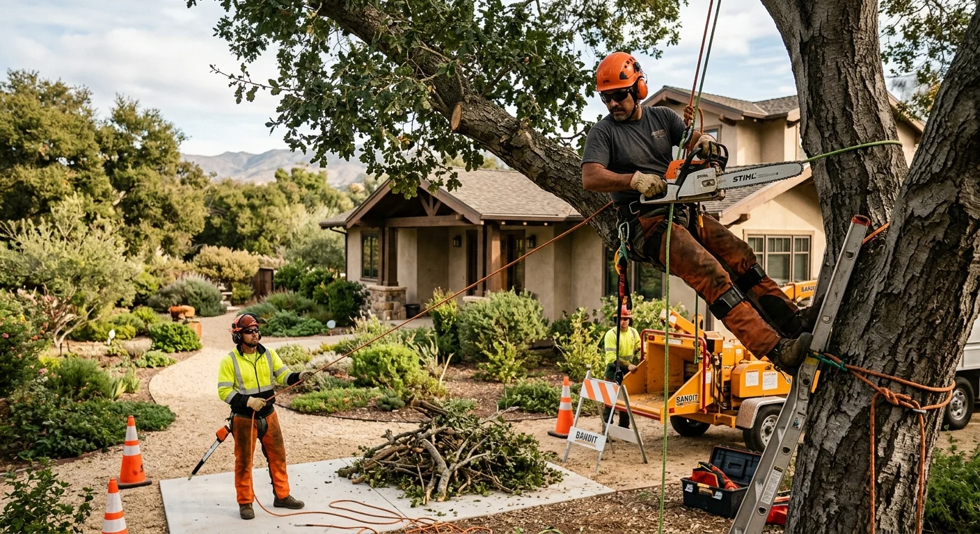 Arborist trimming a leafy backyard tree in Carpinteria on a clear afternoon