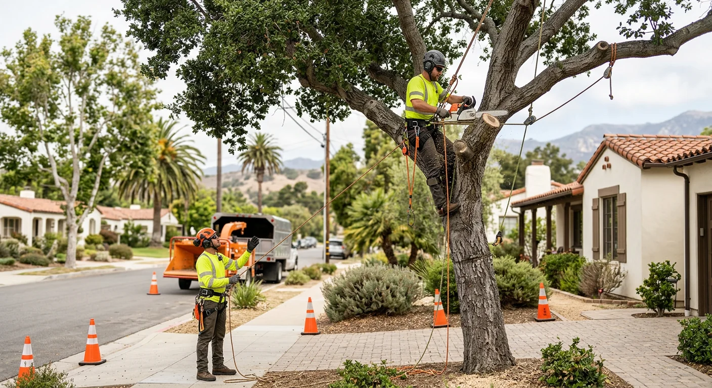 Arborist performing crown thinning on a residential tree in Carpinteria