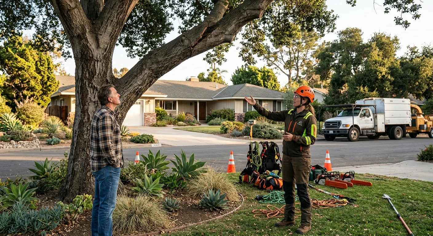 Overgrown tree limbs pressing against a Carpinteria home roofline