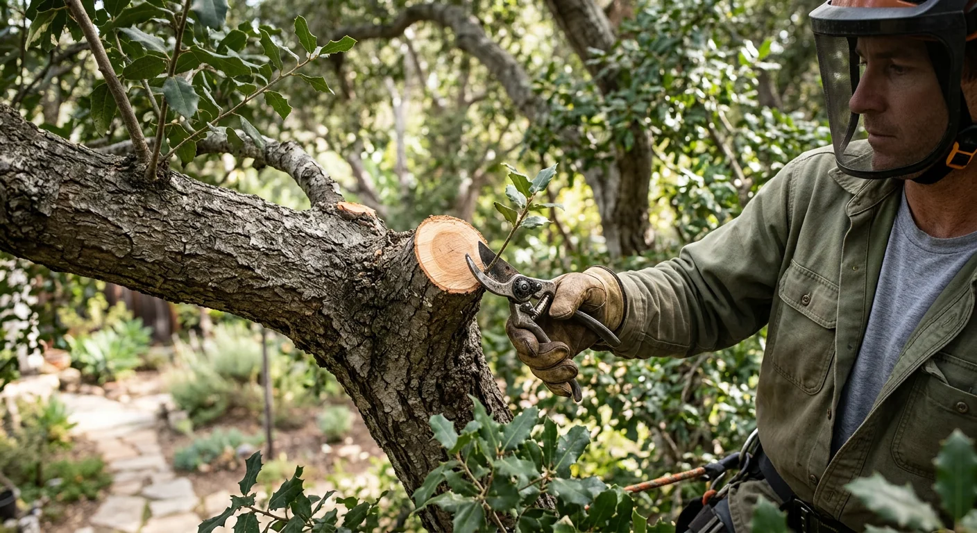 Close-up of precise pruning cut on a mature oak branch in Carpinteria