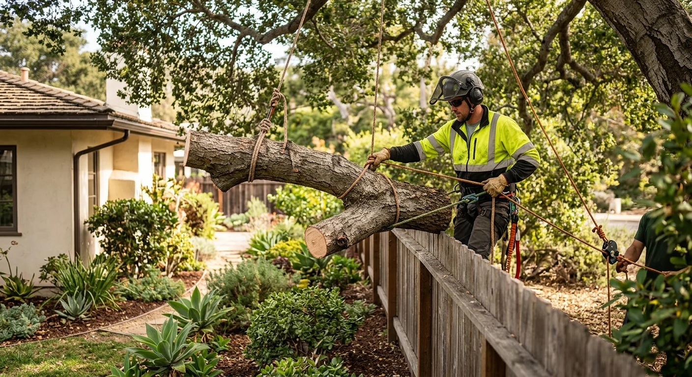 Arborist rigging a lowered limb safely above a garden fence