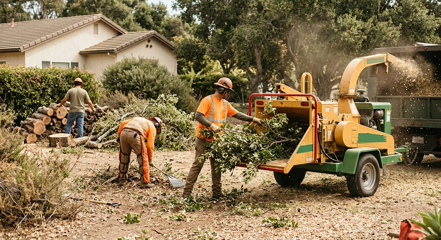 Ground crew chipping trimmed branches and clearing debris on site
