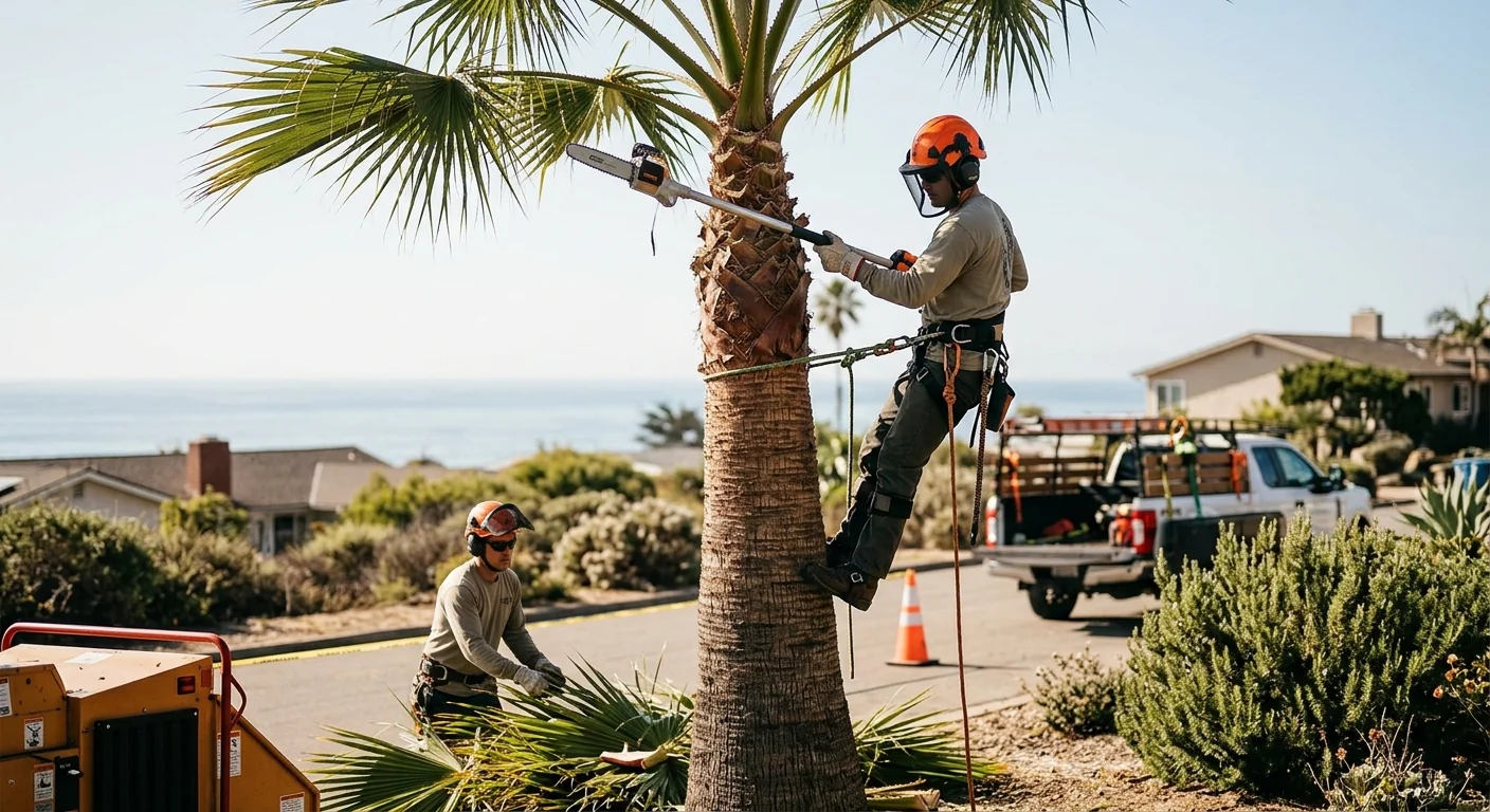 Palm tree fronds trimmed clean against a bright coastal sky