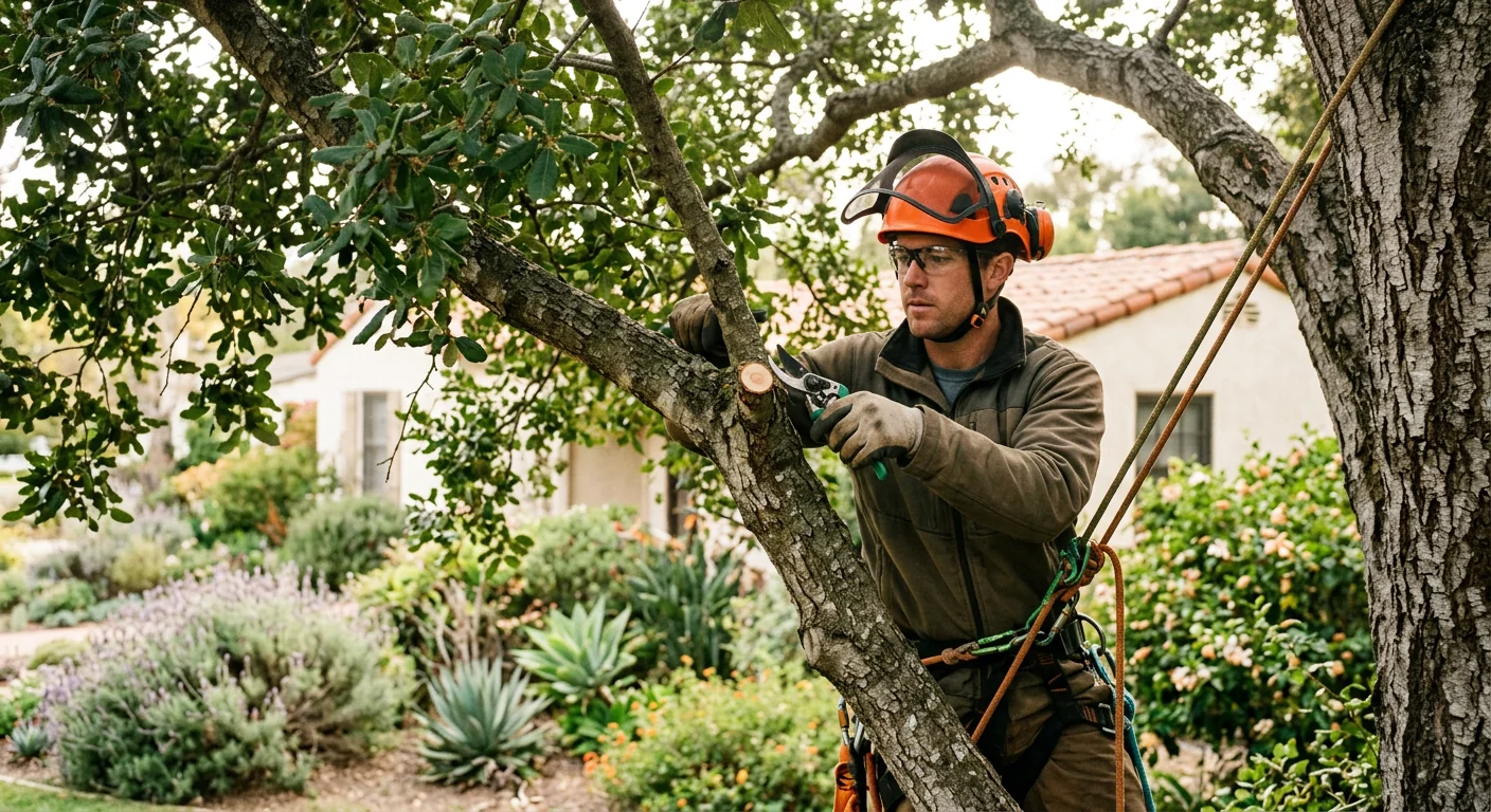Trained technician making careful pruning cuts on a residential tree in Carpinteria