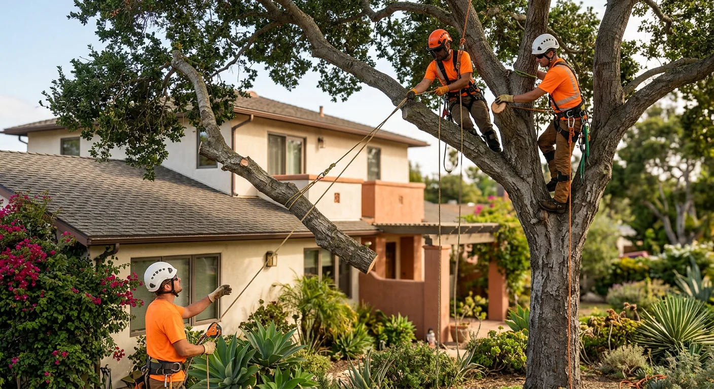 Crew using controlled rope-lowering to safely trim large branches near a home